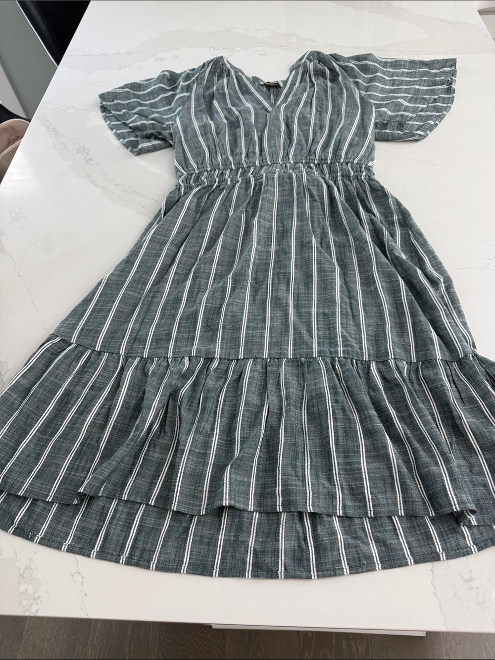 LOFT Green Stripe Tiered V-Neck Midi Dress